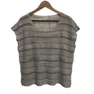 Eileen Fisher Linen Blend Striped Knit Top Short Sleeve V-Neck Women's Size L